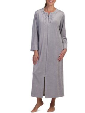Miss Elaine Women's Embroidered Zip-Front Robe Grey Size XL  21105